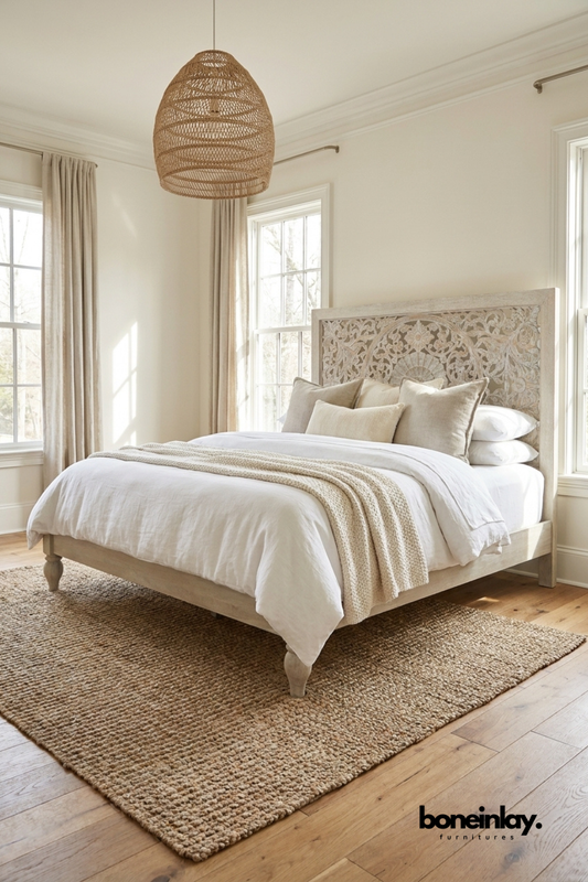 Distressed white-washed wooden bed with an ornate mandala-carved headboard, paired with white bedding, a knitted throw, a jute rug, and a woven rattan pendant light.