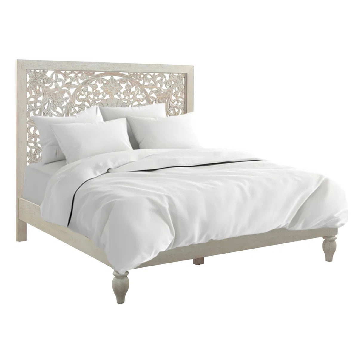 Haveli Hand-Carved Solid Wood Platform Bed with Intricate Mandala Headboard in Heirloom White
