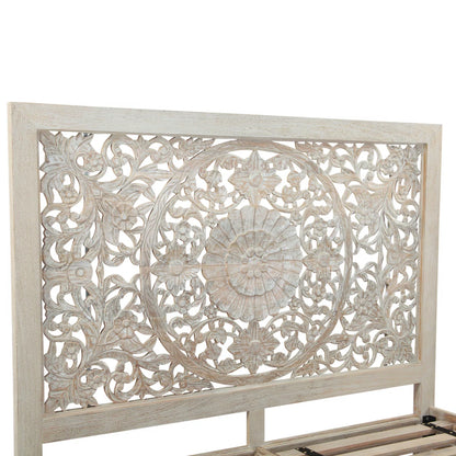 Haveli Hand-Carved Solid Wood Platform Bed with Intricate Mandala Headboard in Heirloom White