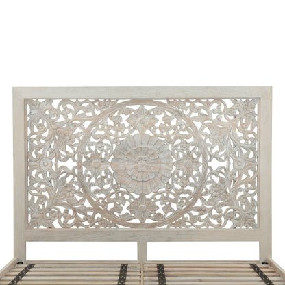 Haveli Hand-Carved Solid Wood Platform Bed with Intricate Mandala Headboard in Heirloom White