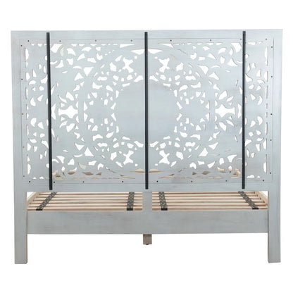 Haveli Hand-Carved Solid Wood Platform Bed with Intricate Mandala Headboard in Heirloom White