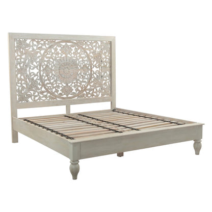 Haveli Hand-Carved Solid Wood Platform Bed with Intricate Mandala Headboard in Heirloom White
