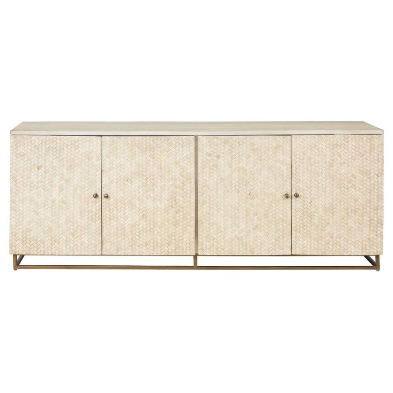 Handcrafted herringbone bone inlay four-door credenza with natural cream finish and gold metal base on white background