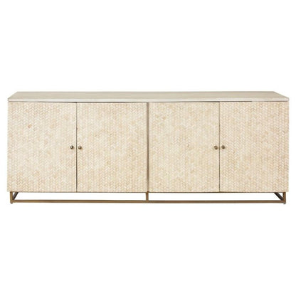 Handcrafted herringbone bone inlay four-door credenza with natural cream finish and gold metal base on white background