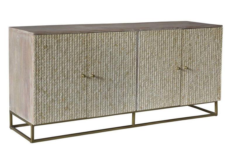 Angled perspective of a handcrafted herringbone bone inlay sideboard with four doors, brass knobs, and a gold metal base on white background