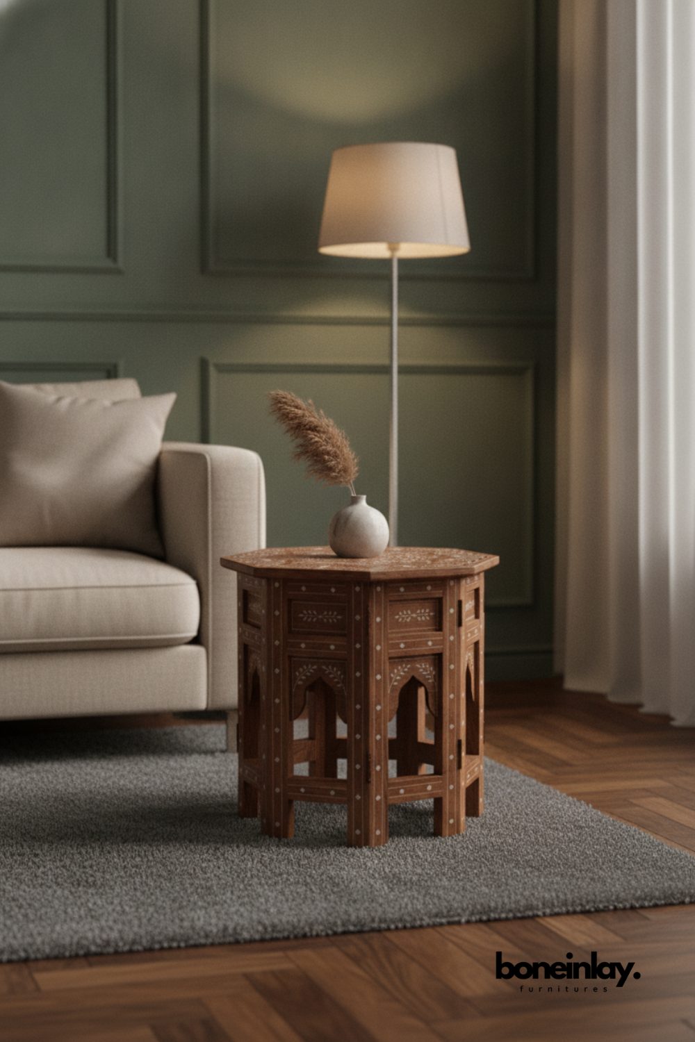 Handcrafted Octagonal Wooden Accent Side Table with Bone Inlay Details