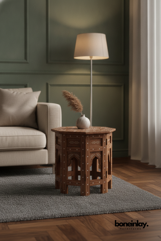 Handcrafted Octagonal Wooden Accent Side Table with Bone Inlay Details
