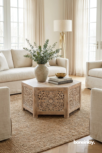 Hand Carved Rustic Square Coffee Table with Ornate Floral Lattice Panels