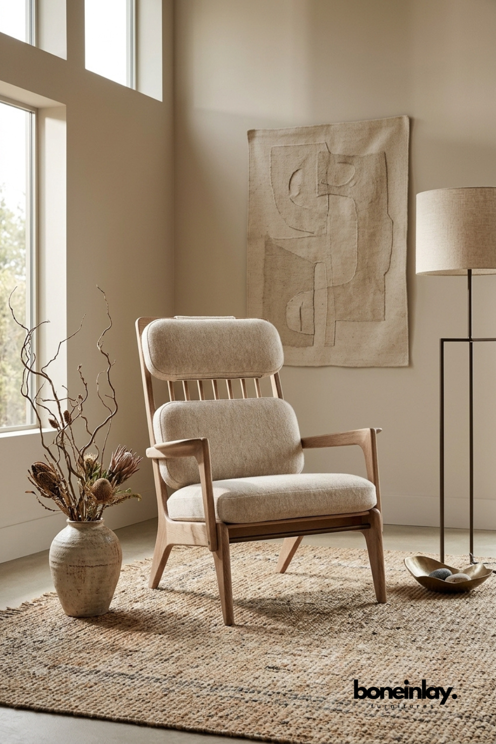 Modern upholstered lounge chair with padded headrest, solid wood frame, and soft fabric cushions for reading corner or living room seating.