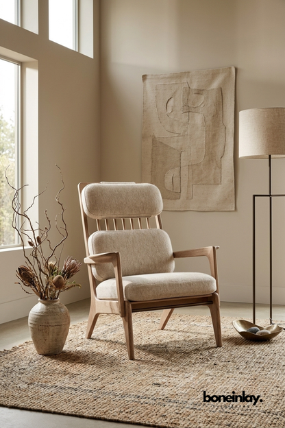 Modern upholstered lounge chair with padded headrest, solid wood frame, and soft fabric cushions for reading corner or living room seating.