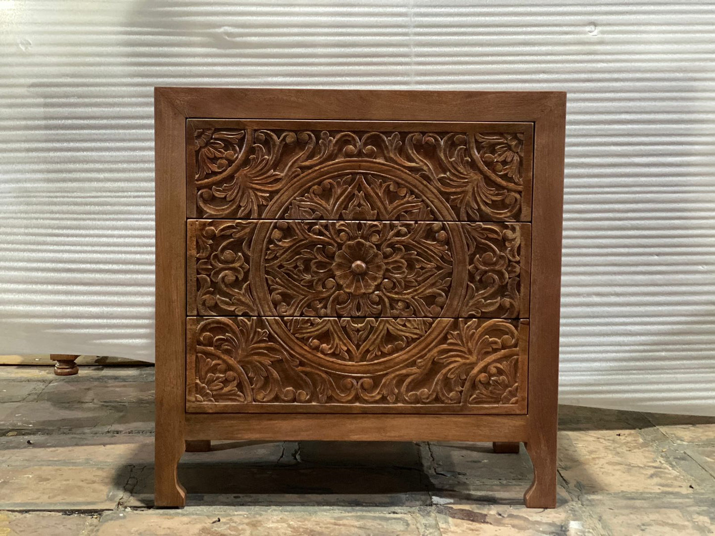 Marrakesh Floral Hand-Carved Natural 3-Drawer Dresser | Bohemian Style