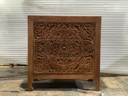 Marrakesh Floral Hand-Carved Natural 3-Drawer Dresser | Bohemian Style