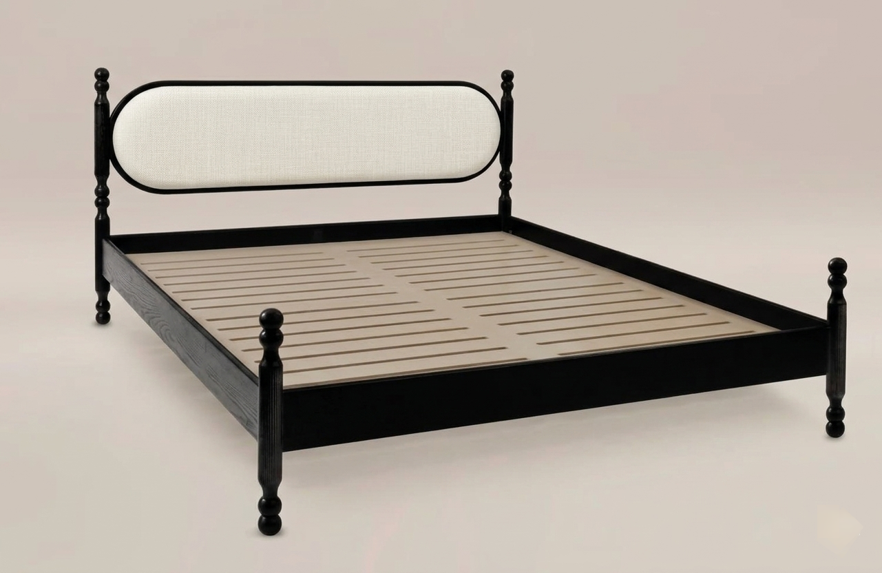 The Totem Transitional Sculptural Poster Bed with Plaid Headboard