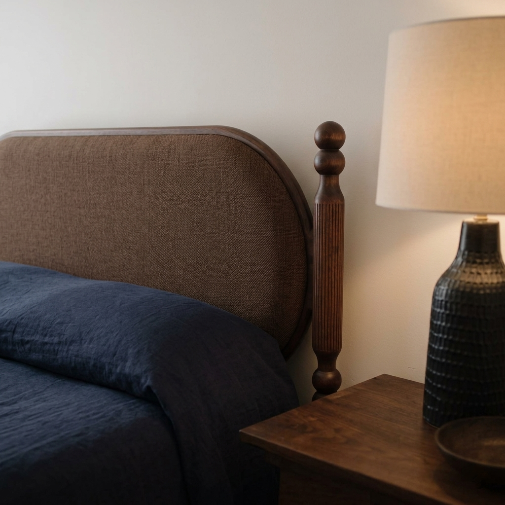 The Totem Transitional Sculptural Poster Bed with Plaid Headboard