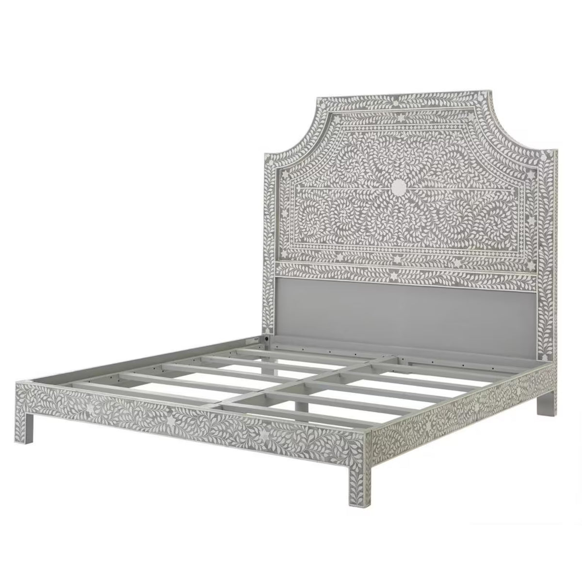 Indian Bone Inlay Bed with Dense Floral and Leaf Motif in Grey Resin Mango Wood Construction