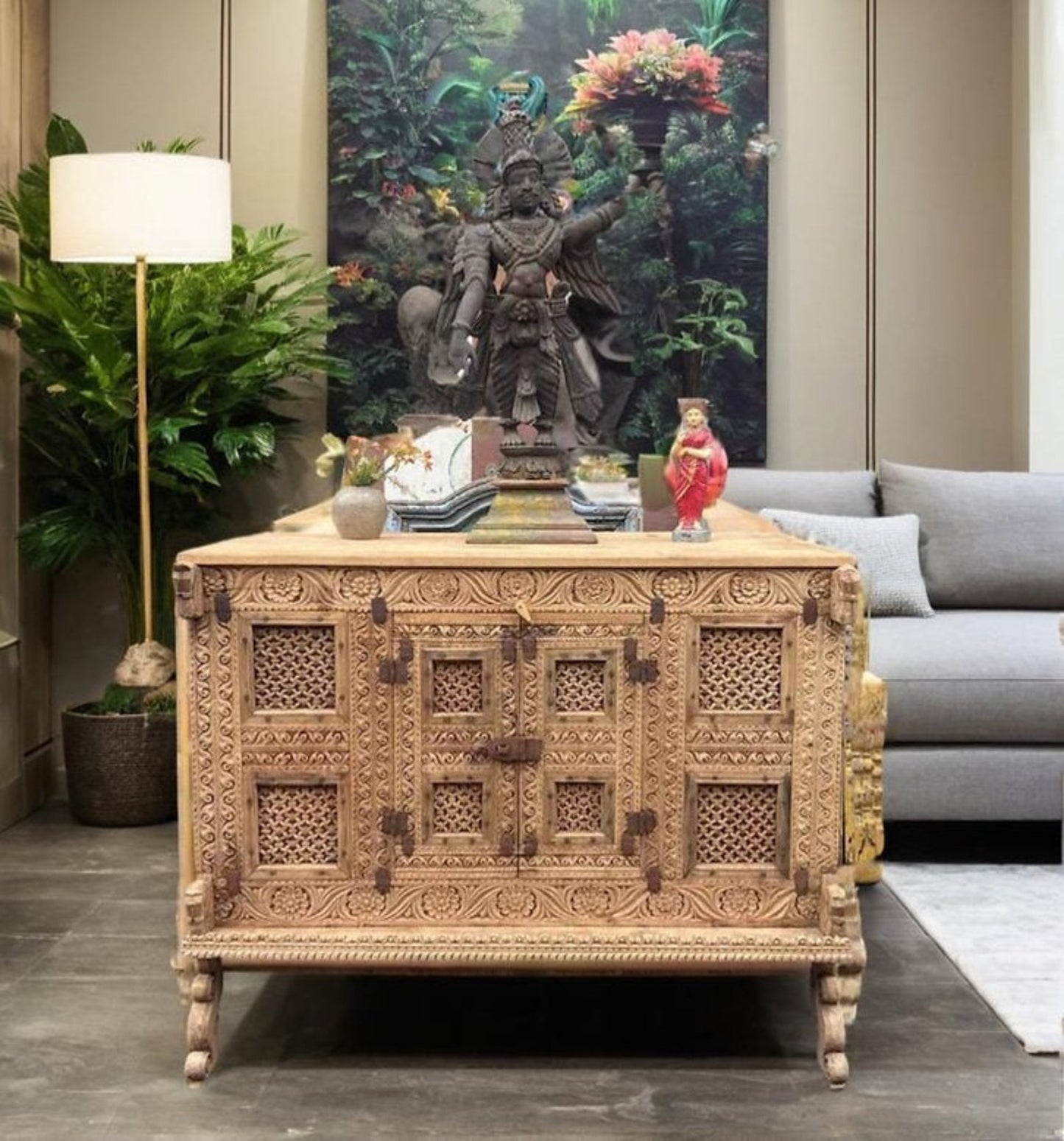 Hand-carved solid wood Indian Damchiya sideboard chest with Jali lattice doors and rustic iron hardware in natural bleached finish.