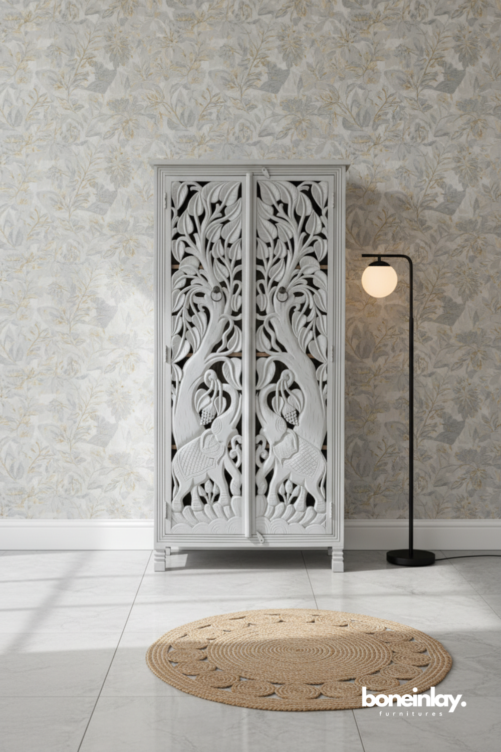 White Hand Carved Peacock Armoire Cabinet in Solid Wood