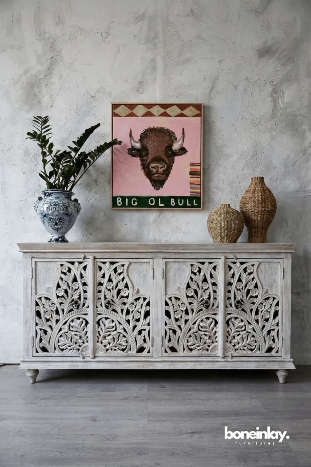Hand Carved Whitewashed Wooden Sideboard Cabinet with Floral Scrollwork Doors