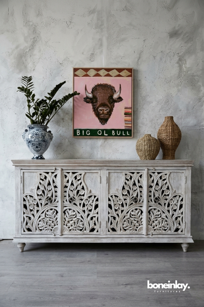 Hand Carved Whitewashed Wooden Sideboard Cabinet with Floral Scrollwork Doors