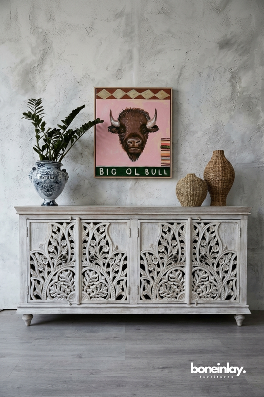 Hand Carved Whitewashed Wooden Sideboard Cabinet with Floral Scrollwork Doors