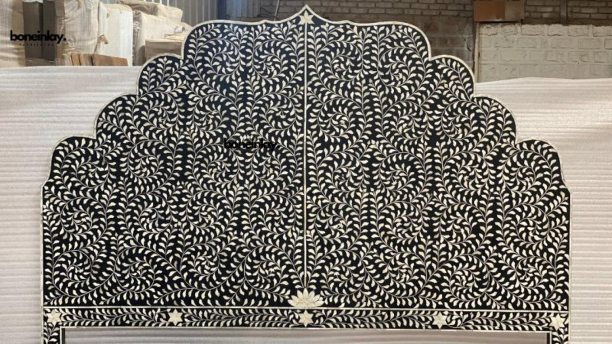 Detailed view of Black Bone Inlay Scalloped Headboard with dense floral vine inlay pattern and star motif border on handcrafted Indian platform bed – Bone Inlay Furnitures