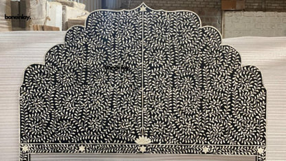 Detailed view of Black Bone Inlay Scalloped Headboard with dense floral vine inlay pattern and star motif border on handcrafted Indian platform bed – Bone Inlay Furnitures