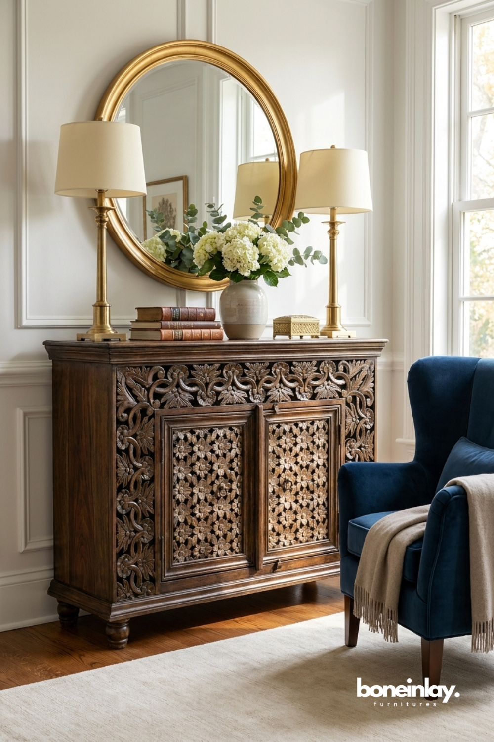 Hand carved wooden accent cabinet with intricate floral lattice doors and rich walnut finish.
