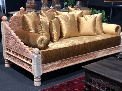 Indian Wood Carved Floral Daybed Sofa with Gold Bolsters