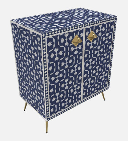 Indigo blue bone inlay storage cabinet with geometric white floral inlay and slim brass metal legs