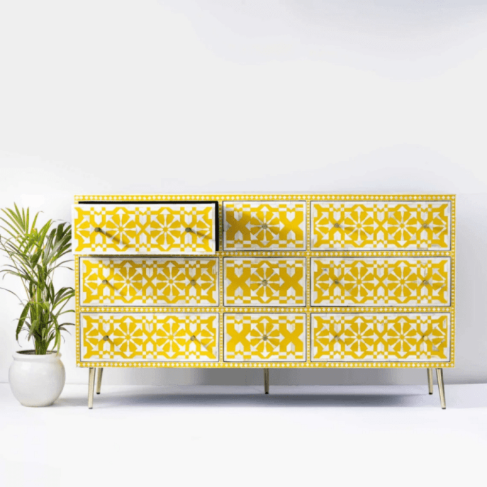 bone inlay chest with nine drawers, shown as a complete patterned dresser with the full front visible.