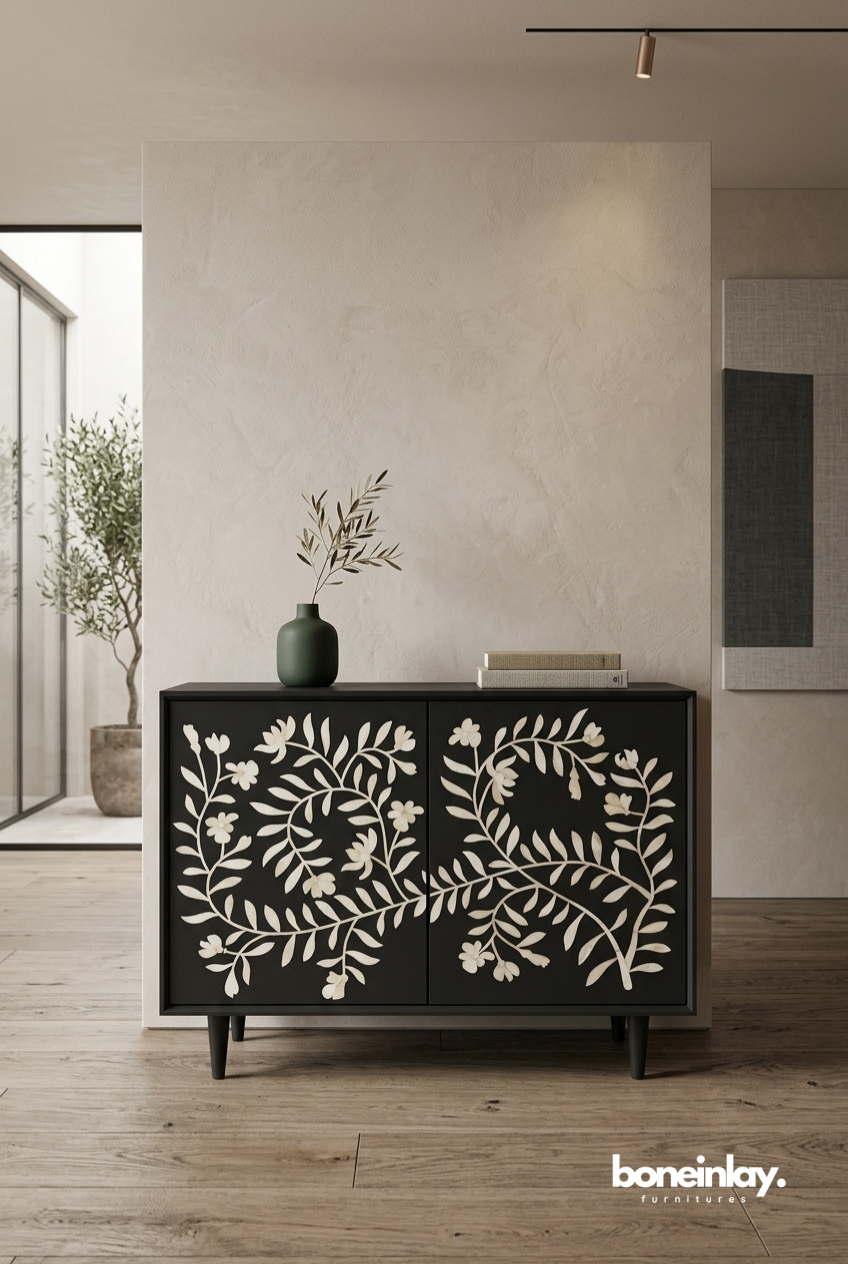 Black Floral Bone Inlay Accent Cabinet with White Vine Pattern Doors
