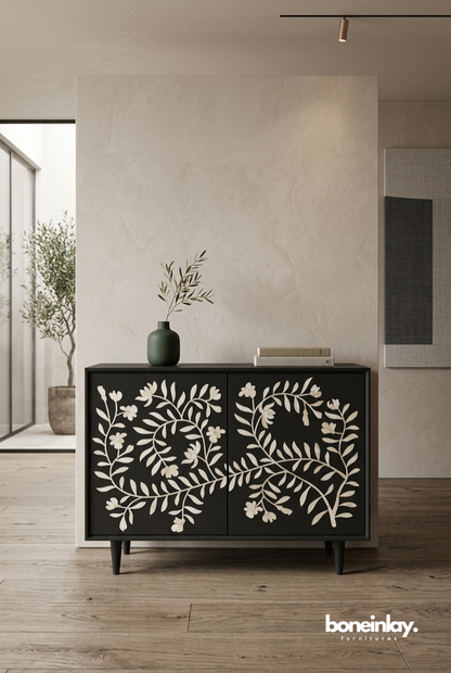 Black Floral Bone Inlay Accent Cabinet with White Vine Pattern Doors