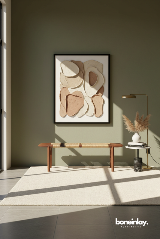 Inoda+Sveje-inspired rattan cane bench in natural wood with a curved solid teak frame and woven seat.