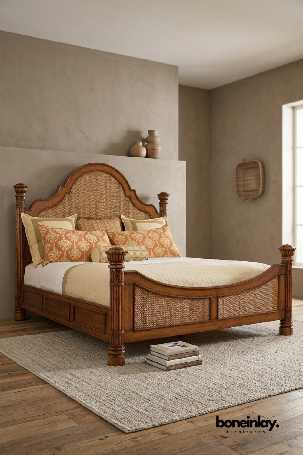 Handcrafted solid wood cane bed featuring woven rattan headboard and footboard, carved posts, warm walnut finish, and timeless bedroom furniture design.