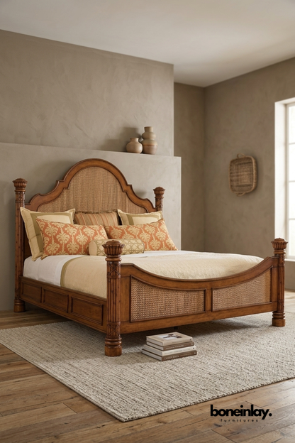 Handcrafted solid wood cane bed featuring woven rattan headboard and footboard, carved posts, warm walnut finish, and timeless bedroom furniture design.