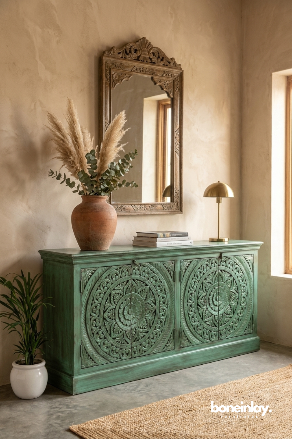 Vintage Green Hand Carved Floral Mandala Sideboard Cabinet