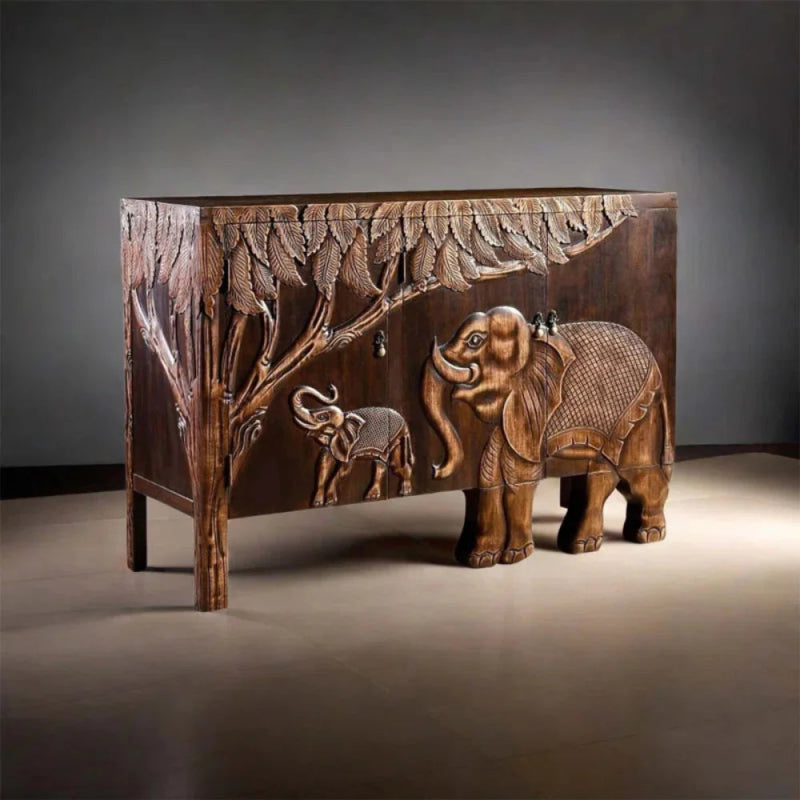 Jungle Carved Wood Cupboard with a three-door elephant and calf scene worked into its solid wood surface.