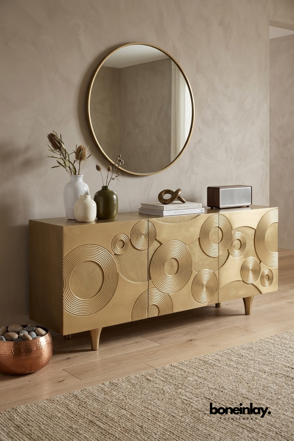 Modern gold sideboard cabinet featuring raised circular geometric door design, luxury storage cabinet with contemporary metallic finish for stylish living and dining spaces.