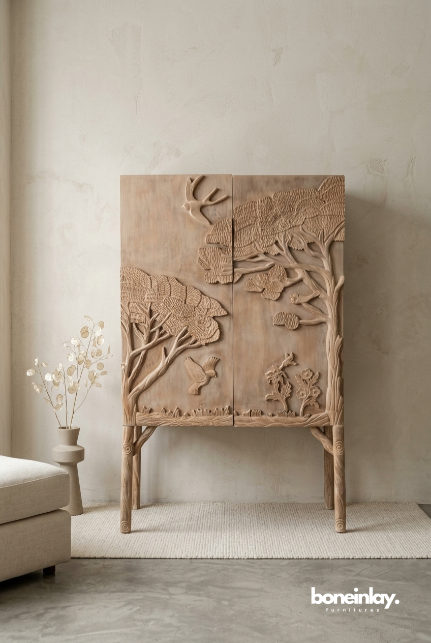 Land & Sky armoire in natural solid wood, featuring an expansive high-relief hand-carved scene of trees and birds across its tall cabinet doors.