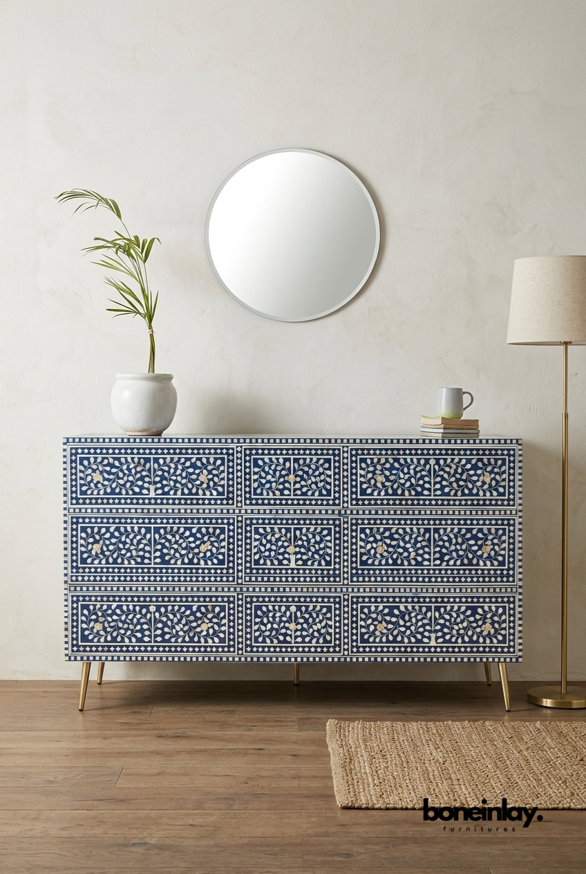 Blue Bone Inlay 9 Drawer Dresser for Modern Bedroom Storage Furniture