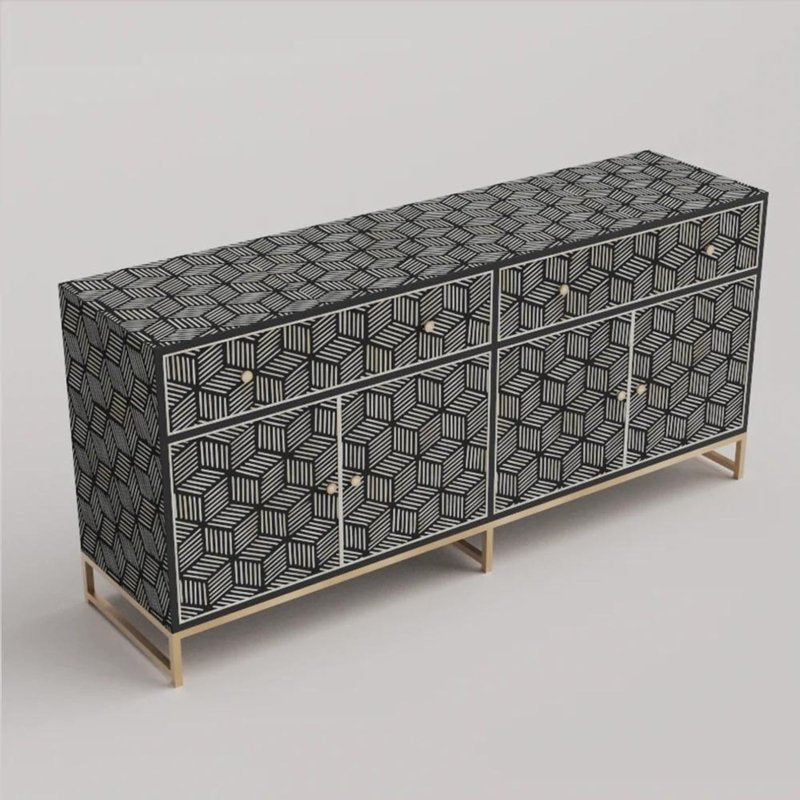 Angled perspective of large black bone inlay buffet cabinet showing geometric cube stripe pattern across top surface, front drawers, cabinet doors, and brushed brass metal base.