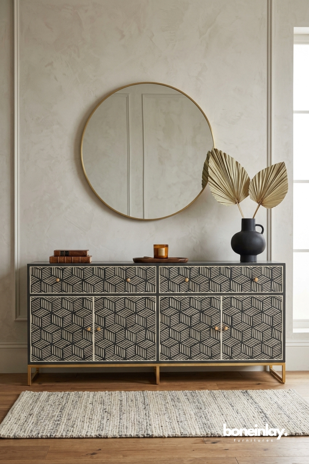 Black and white geometric bone inlay sideboard featuring bold woven-inspired patterns, clean lines, and sophisticated contemporary styling.