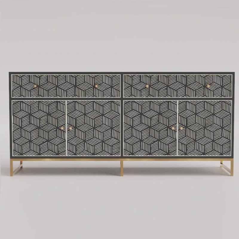 Large black bone inlay sideboard featuring bold geometric cube stripe pattern, two top drawers, four cabinet doors, and brushed gold metal base on white background.