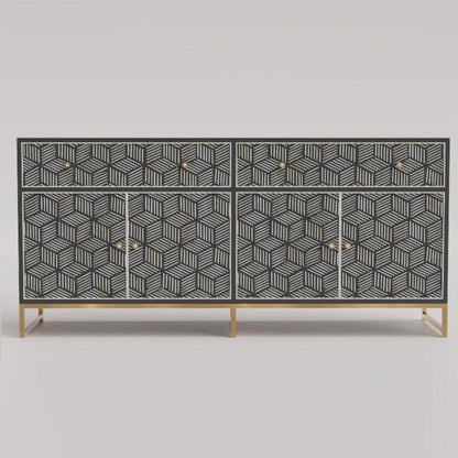 Large black bone inlay sideboard featuring bold geometric cube stripe pattern, two top drawers, four cabinet doors, and brushed gold metal base on white background.