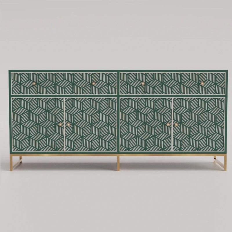 Large forest green bone inlay sideboard featuring geometric cube stripe inlay design, two drawers, four doors, and gold metal legs, crafted from solid mango wood.