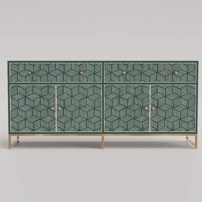 Large forest green bone inlay sideboard featuring geometric cube stripe inlay design, two drawers, four doors, and gold metal legs, crafted from solid mango wood.