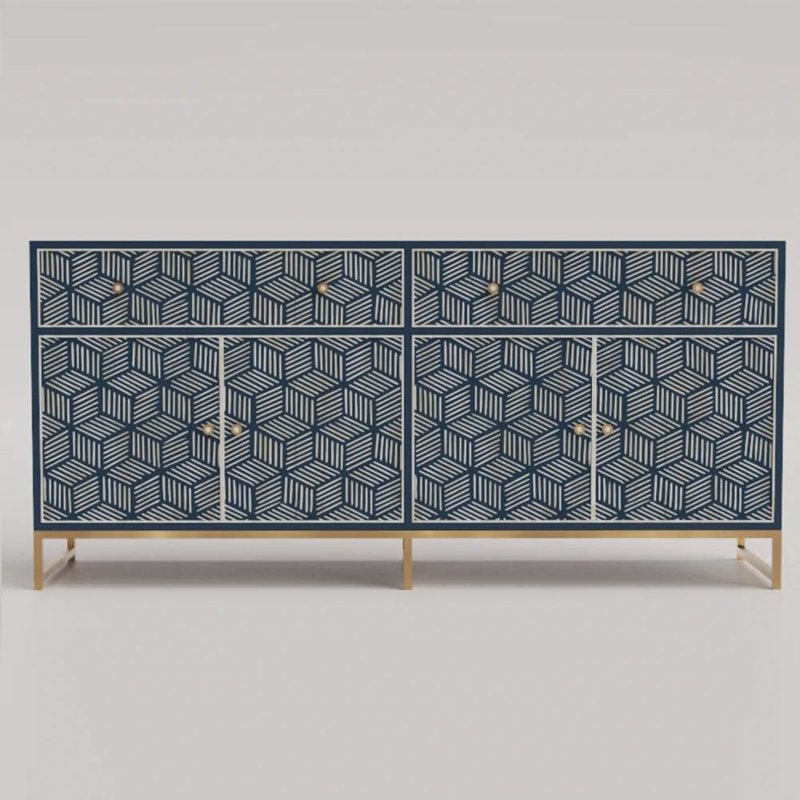 Large navy blue bone inlay sideboard with geometric cube stripe inlay pattern, two drawers, four doors, and gold metal legs, handcrafted from solid mango wood.