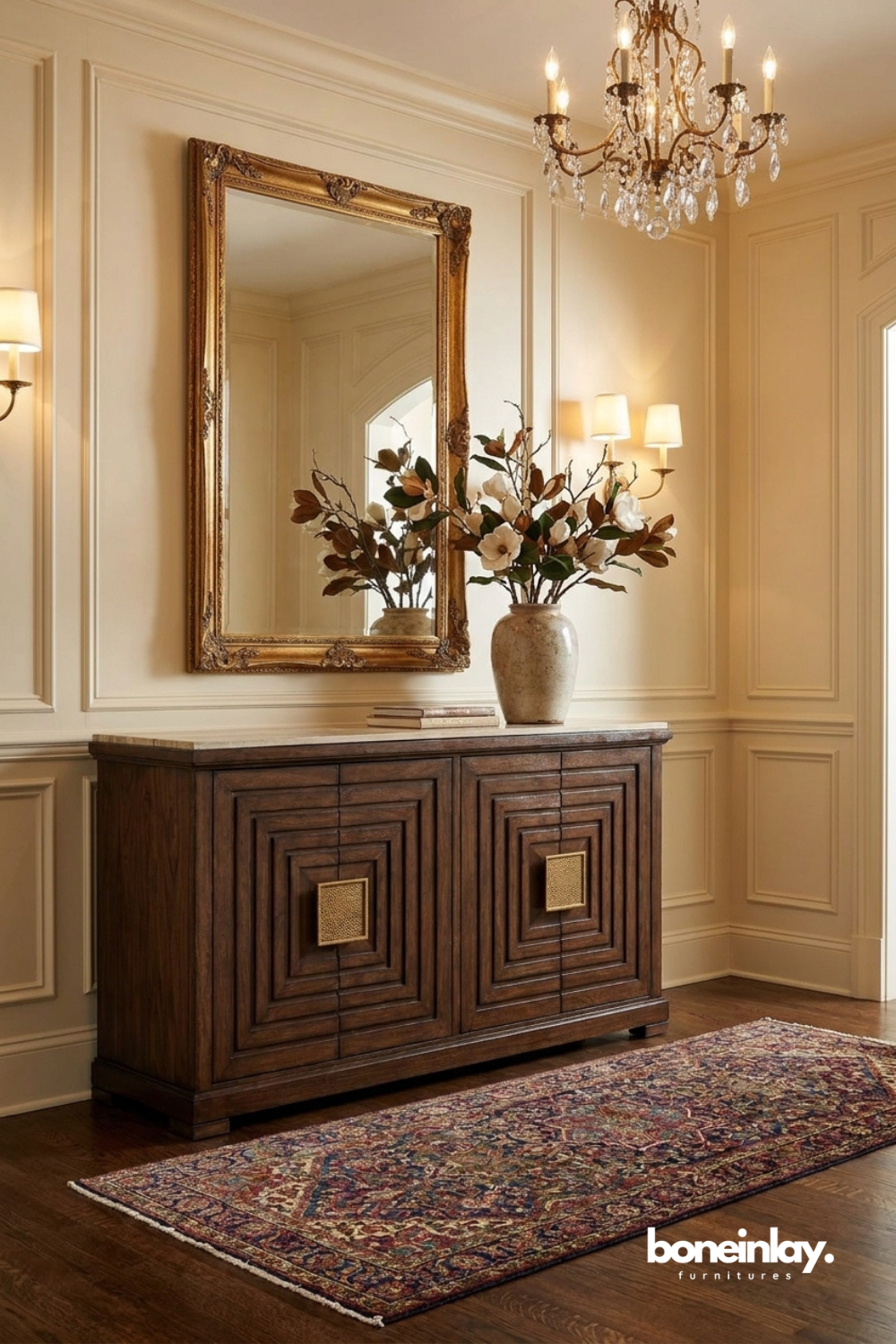 Sophisticated dark wood sideboard featuring bold geometric panel detailing and luxurious brass hardware accents.