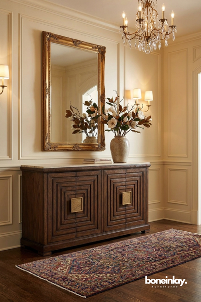 Sophisticated dark wood sideboard featuring bold geometric panel detailing and luxurious brass hardware accents.