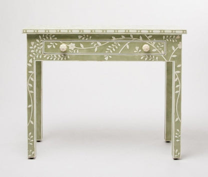 Lohko sage green bone inlay console table featuring intricate white floral and leaf inlay work on mango wood with a single storage drawer